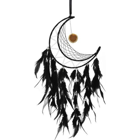 Attrape-rêves Lune avec plumes, décoration murale bohème, fait main, noir (1/4)