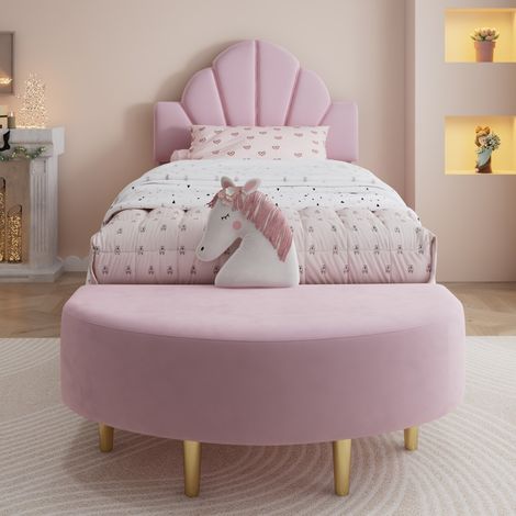 Lit enfant-Lit rembourré simple-Velours anti-choc-Avec tête de lit et banc-Cadre robuste-Rose-99,5x240,5x109,5cm-Sans Matelas (1/4)
