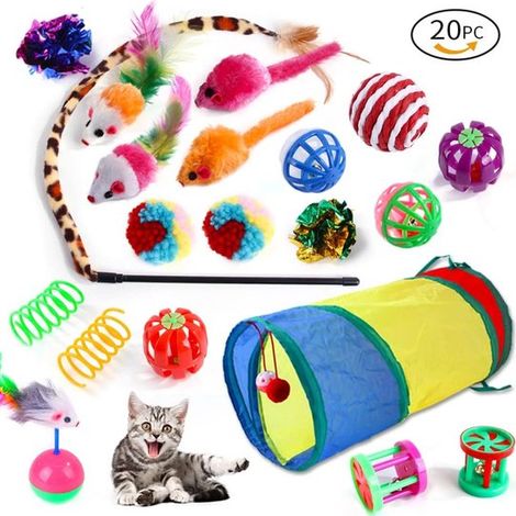 Jouets pour chats - Set de Jouets Chats 20 pièces - Tunnel pliable - Baton de plumes interactif - Souris de Souris - Balles de plumes - Chasse et jeu pour chatons d'intérieur - Ensemble de jeu complet (1/5)