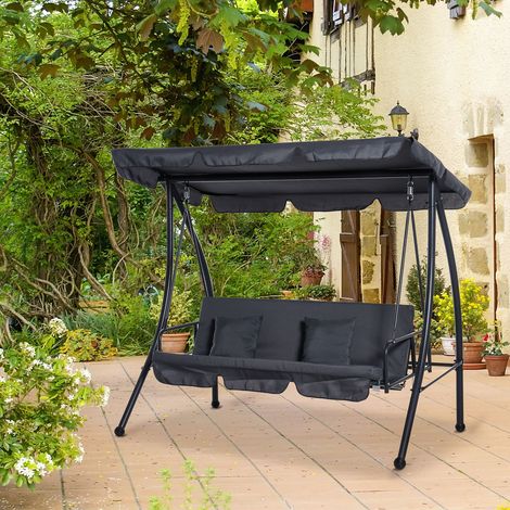 Outsunny Balancelle de Jardin Convertible 3 Places Grand Confort - Toit à Inclinaison Réglable, Matelas Fourni, 200x125x170cm, Métal & Polyester, Noir Anthracite