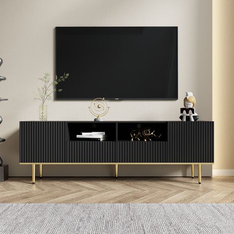 Mobile TV moderno con bordo dorato, ante dal design semplice con strisce verticali, 4 vani portaoggetti e 2 cassetti, nero