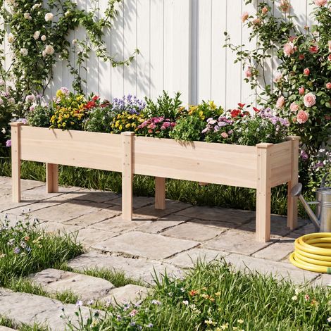 240 x 43.5 CM Fir Wood Raised Garden Bed with Legs Elevated Planter Box with Drainage Holes-Natural (1/5)