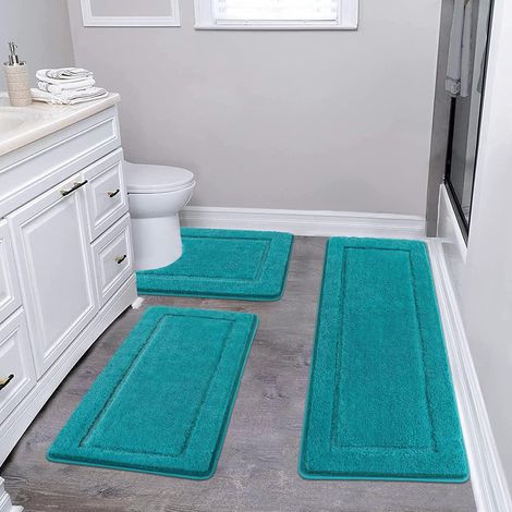 Lot de 3 Tapis de Bain Antidérapants, Tapis de Salle de Bain Microfibre et Douce, Tapis de Toilette WC, Absorbant l'eau, Ensemble Tapis de Douche Lavable en Machine, Turquoise (1/5)