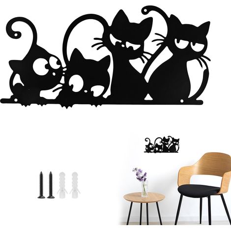 Divertidos adornos de pared de gato, decoración de pared para sala de estar, decoración de pared con tornillos para el hogar, dormitorio, sala de estar, cocina, oficina, jardín, 30x15cm, negro (1/5)