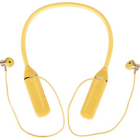 Écouteurs Bluetooth tour de cou avec indicateur de batterie LED, lecteur de carte mémoire, embouts magnétiques et rétroéclairage RGB jaune. (1/5)