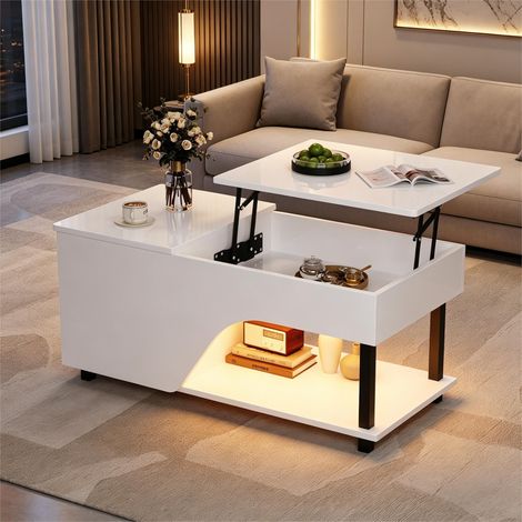 Table basse relevable LED 100 x 50 x 46 cm, coffre caché, étagère latérale, plateau brillant, blanc