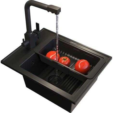 Évier de Cuisine Granit Noir Granitan avec Mitigeur 3 Voies NODE, Panier Pliable et Siphon Murale - Inclus GraniProtect (1/5)