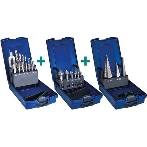 Kit Fraise à chanfreiner- taraud-foret étagé- 3 pièces en box plastique (1/4)