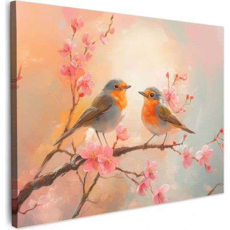 TABLEAU SUR TOILE Merle - Ornemental - Branche fleurie Décoration Murale 40x30 cm