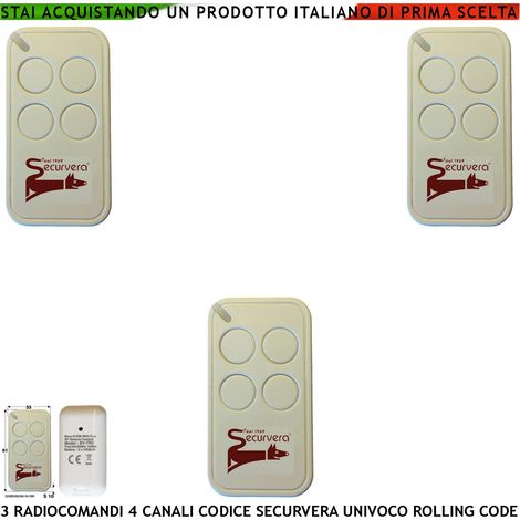 Radiocomando 3 Telecomandi Frequenza di Trasmissione 433,92 MHz 4 canali Potenza 1 mW Una Codifica di Sicurezza Univoca Securvera Led Segnalazione Funzione (1/3)