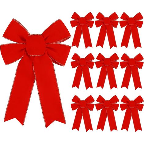 Lot de 10 nœuds rouges pour décoration de sapin de Noël, nœud ornemental en velours de grande taille de 9" x 13" avec bordure dorée étincelante pour décoration de couronnes, clôtures, escaliers (1/4)