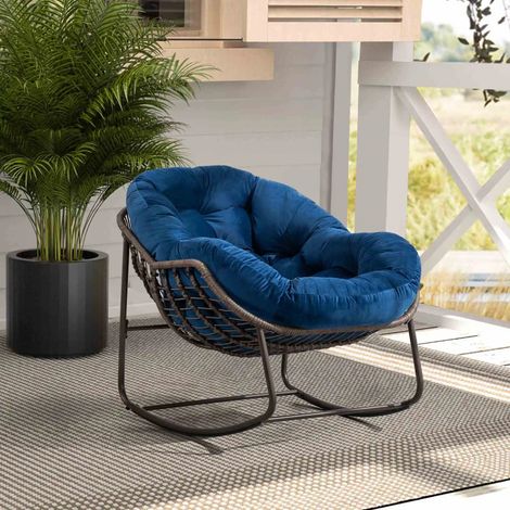 Fauteuil à bascule en rotin extérieur avec coussin épais, Bleu marin – Pour terrasse, balcon, salon et jardin