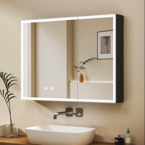 LED Spiegelschrank mit Beleuchtung 80 x 60 cm, Bad-Hängeschränke LED Spiegelschrank Bad mit Beleuchtung Badezimmer Spiegelschrank mit Touch-Schalter, 3 Einstellbare Lichtfarben, Beschlagfrei