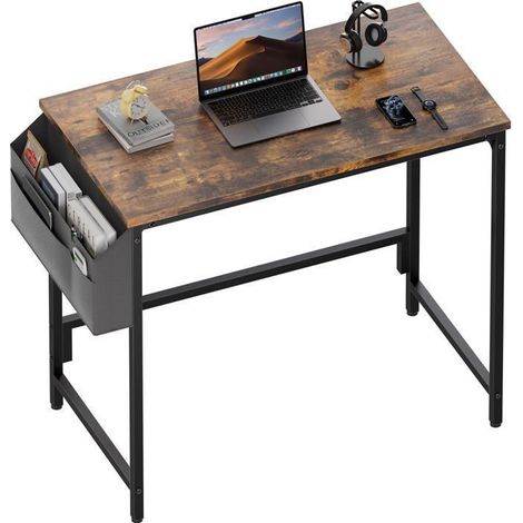 ECOFURNIX - Bureau Informatique Rectangulaire Marron Métal Compact 80x40 cm