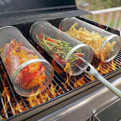 Panier Grille de barbecue Roulant, Panier À Griller pour Barbecue, acier inoxydable, 30x9cm (1/5)