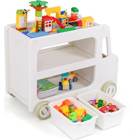 COSTWAY 2 in 1 Organizzatore per Bambini, Armadietto Giocattoli a Forma di Auto con Struttura Sicura e 2 Cesti Portaoggetti, Scaffale Apribile a 2 Livelli, Pannello per Costruzioni (1/5)