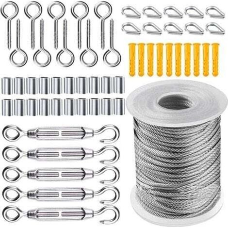 Kit de Câble Métallique, Cable Acier Jardin Tendeur, Corde en Acier Inoxydable à Suspendre Kit, 50m Câble en acier inoxydable revêtu de Nylon pour Corde à Linge Corde de Tente, 56 Pièces RWEtendoir (1/5)