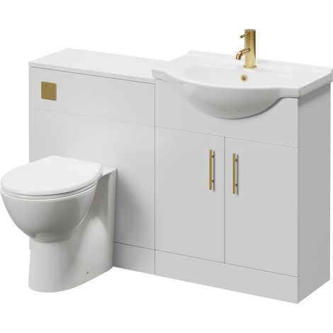 Alexander James Cento Gloss White 1250mm 2 Door Vanity Unit Toilet Suite - 1250mm - Brushed Brass 96mm Bar HandleJames Toilet Pan and Seat