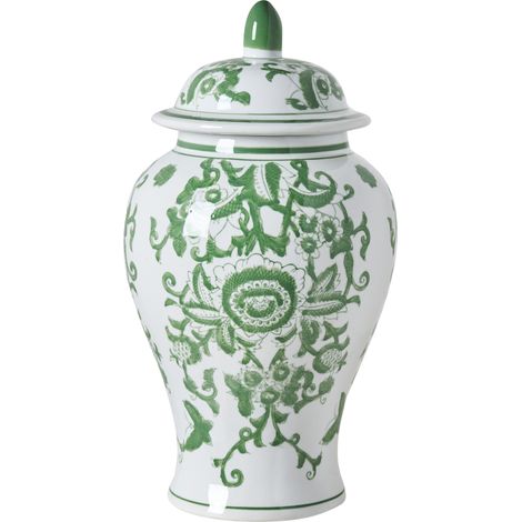 Jarrón con tapa florero accesorio decorativo de porcelana blanco y verde Mondragon