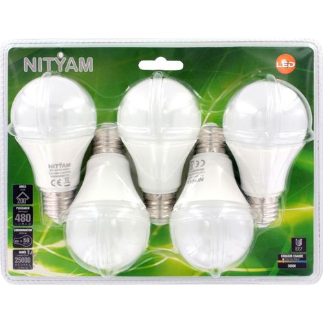 NITYAM Confezione da 5 Standard A60 6 W E27 3000 K Lampadina LED, Bianco, 10.9 x 6 x 6 cm, 5 unità (1/3)