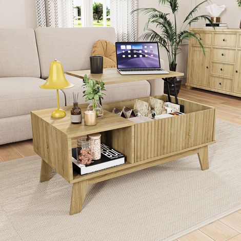 Klappbarer Couchtisch 95 x 48 x 42 cm – Couchtisch mit verstecktem Stauraum und offenem Fach – Natur-Stil – Braun