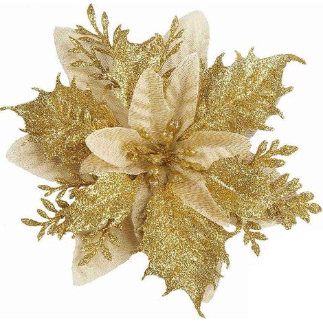 10 pièces de décorations de Noël, fleurs de Noël artificielles, guirlande de paillettes d'arbre de Noël, pendentifs de fleurs artificielles, or, 14 cm (1/5)
