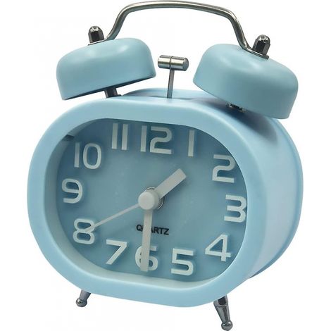 BEBUSINGOTO Reloj despertador analógico retro de cuarzo con dos campanas, de 7,6 cm, sin tictac, con barrido silencioso, alarma fuerte, funciona a pilas y luz nocturna, color azul. (1/5)