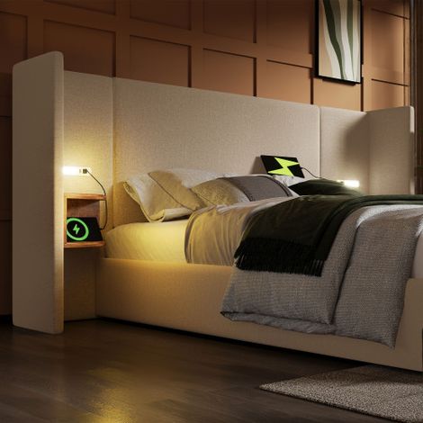 Polsterbett Doppelbett  mit Nachttisch, Leselampe und USB Type-C Ladefunktion, Bettanlage Stauraumbett Bettgestell mit Lattenrost aus Massivholz und Metall