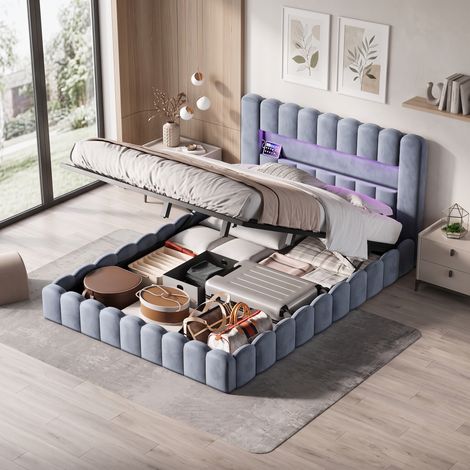 Superaly Lit double coffre 180x200 cm, TĂȘte de lit capitonnĂ© avec LED, Port USB, Cadre de lit de style souche, SystĂšme hydraulique, AdaptĂ© aux adolescents et adultes, Velours, Gris foncĂ© (1/5)