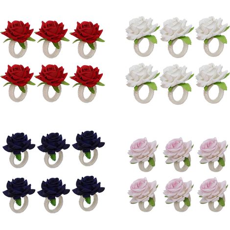 Elegante, handgefertigte Serviettenringe mit Blumenmuster – Seidenstoff – Rot, Weiß, Blau, Rosa – 4,5 cm Innendurchmesser – 6 Stück zur wiederverwendbaren Tischdekoration (1/5)