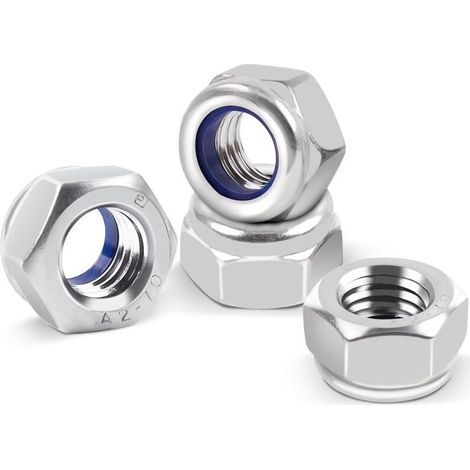 Écrous autobloquants en acier inoxydable M6, paquet de 50. Écrous hexagonaux en nylon Nylstop M6, A2 V2A (DIN 986 / ISO 106110), filetage métrique standard. (1/4)