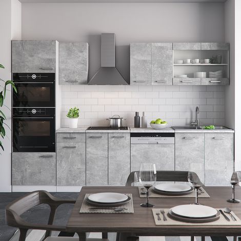 Mueble de cocina R-Line, Hormigón, 300 cm con armario alto, sin encimera, Vicco (1/5)