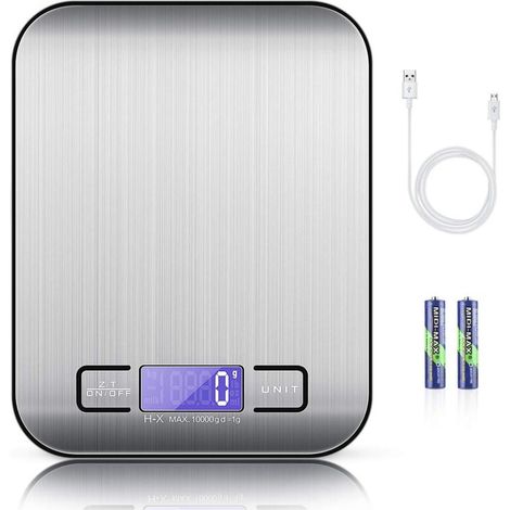 Balance Cuisine Electronique avec Câble USB, Balance de Précision 10kg/1g Balance Electronique Acier INOX Balance, Piles Fournies