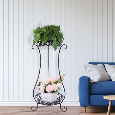 New 2 Tier Metal Iron Flower Plant Pot Display Stand, Black (1/5)