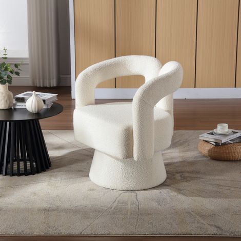 Poltrona girevole 67x55x74 cm beige, rotazione 360°, tessuto bouclé e base in metallo MEUBLIV (1/5)
