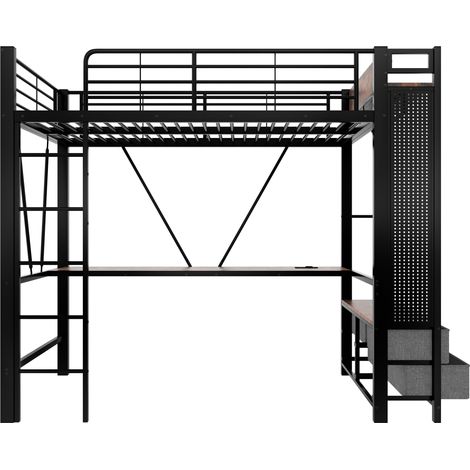 Lit mezzanine, 90 x 200cm, cadre en fer avec bureau, barre de séchage, étagères, 4 tiroirs, prise USB+TYPE-C, bande LED, garde-corps, échelle, panneau perforé, sans matelas, noir (1/5)