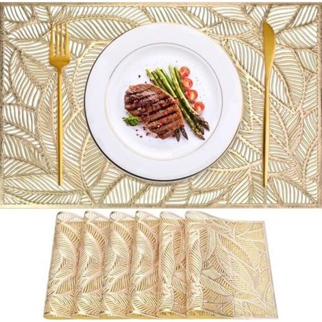 Lot de 6 sets de table rectangulaires en PVC lavable, résistants à la chaleur et antidérapants, 45 x 30 cm, couleur or, à motif de feuilles, parfaits pour Noël, les fêtes, la maison, la cuisine et les (1/4)