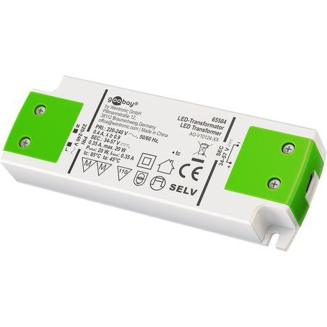 Trasformatore corrente costante LED 350 mA, 20 W, per LED con 350 mA di corrente costante fino a 20 W di carico totale nell'intervallo di tensione 34-57 V (DC).
