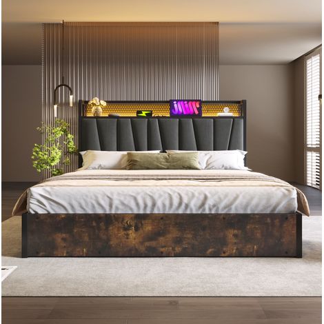 Cama tapizada doble 180x200 cm con LED RGBW, USB y enchufes, estructura metálica gris REDOM (1/5)