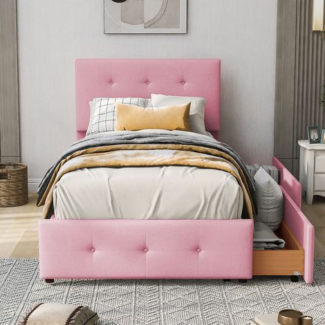 Lit simple rembourré 90 x 200 cm avec sommier à lattes, dossier et 2 tiroirs de rangement, tissu velours, lit enfant lit ado lit d’appoint-rose (1/5)