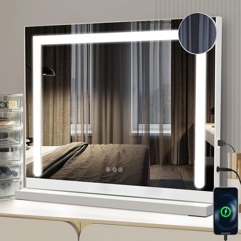 1 Miroir maquillage LED 50x40cm 3 modes lumière variable grossissant 5x USB chambre