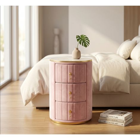 Table de chevet ronde velours rose 3 tiroirs plateau marbre quincaillerie dorée moderne chic