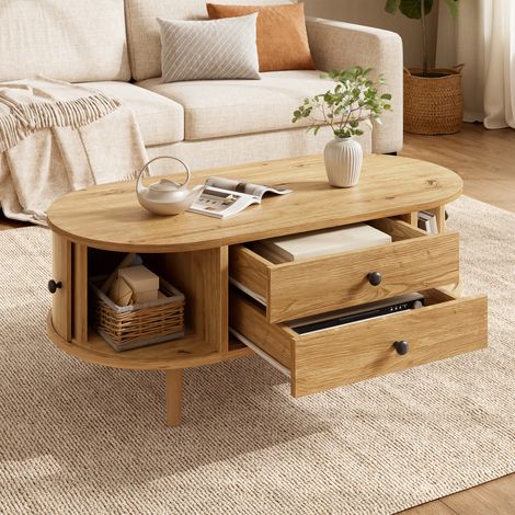 Mesa de centro ovalada 100x50x40 cm de MDF color roble, 2 cajones y almacenaje – MEUBLIV (1/5)
