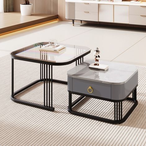 Lot de 2 tables basses gigognes - 60cm et 50cm - Effet marbre et plateau en verre avec tiroirs et pieds noirs - Noir