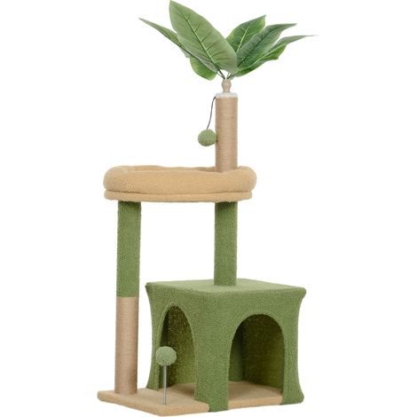 Arbre à chat tour de jeux avec cachette, couchage, griffoirs, balles et feuilles artificielles 44 x 30 x 98 cm vert (1/5)