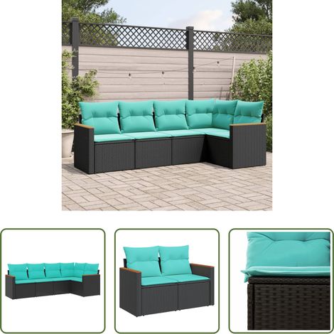 Gartenmöbel - 5-teiliges Gartensofa-Set mit Kissen, schwarzes Polyrattan (1/5)