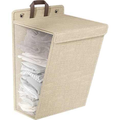 1 pièce Panier à linge pliable gris en coton lin avec couvercle, sac amovible, suspensable, format étroit 48×36×12 cm, pour buanderie et chambre (1/5)
