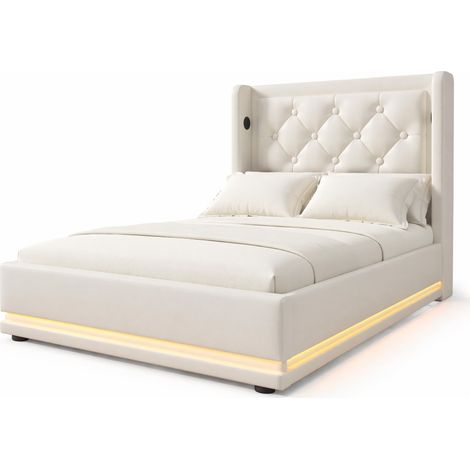 Lit coffre 90x200 cm blanc en cuir régénéré avec tête de lit capitonnée USB-C, LED 3 côtés et matelas, chambre gain de place - CHICFURN (1/5)