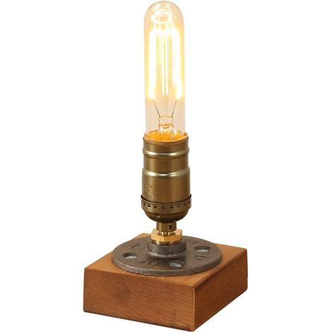 Industrieller Keramikfuß, Keramik-Tischlampen, Holz, E27, Antik-De