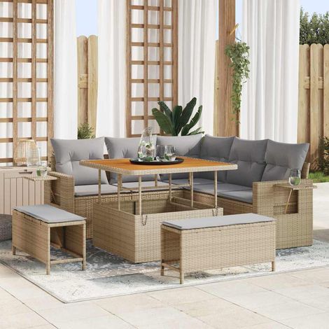 Gartensofa-set mit Kissen 9 pcs Beige und Hellgrau Poly-Rattan (1/5)